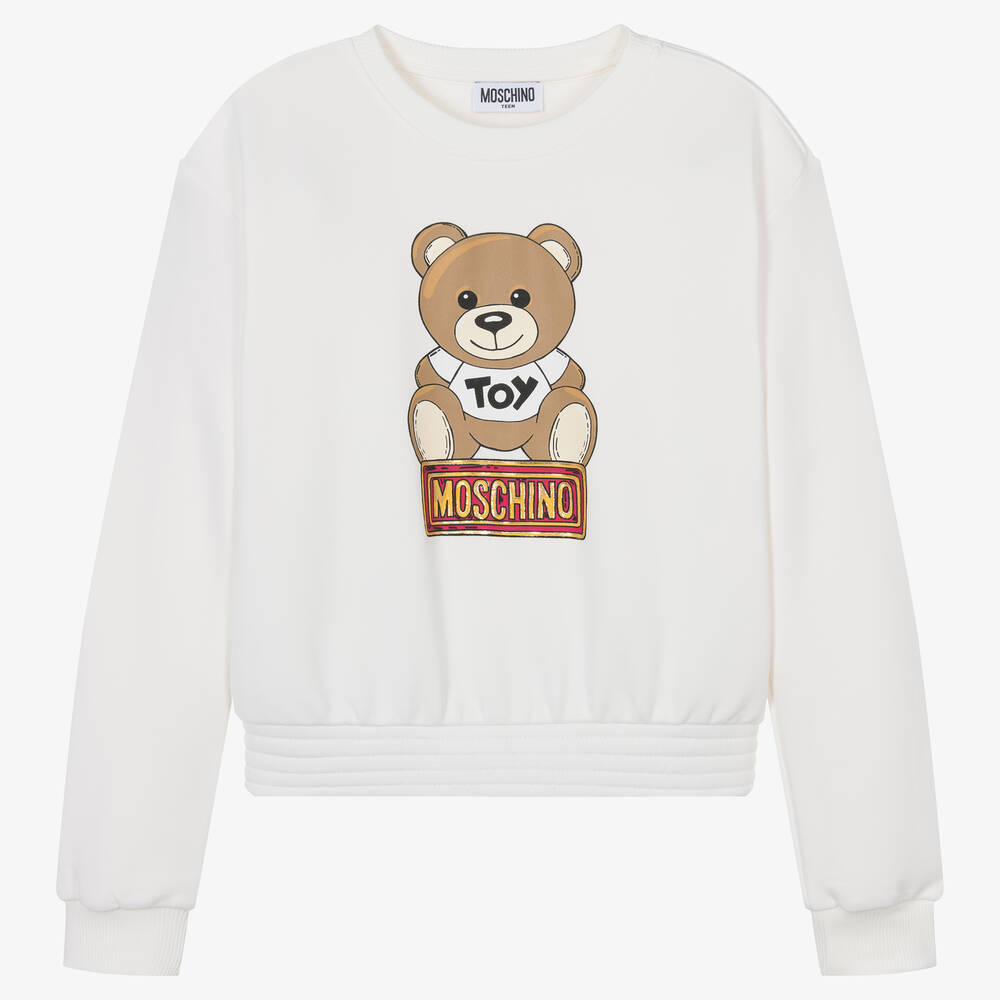 Moschino Kid-Teen - Elfenbeinfarbenes Teen Baumwoll-Sweatshirt mit Teddybärenmotiv für Mädchen | Childrensalon