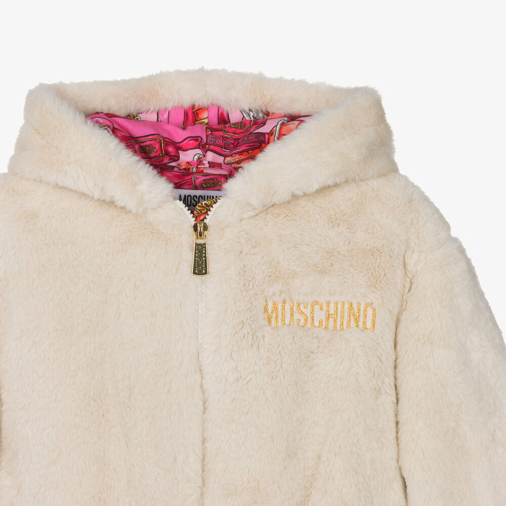 Moschino Кид-Тин-Кремовая куртка из искусственного меха | Childrensalon Outlet