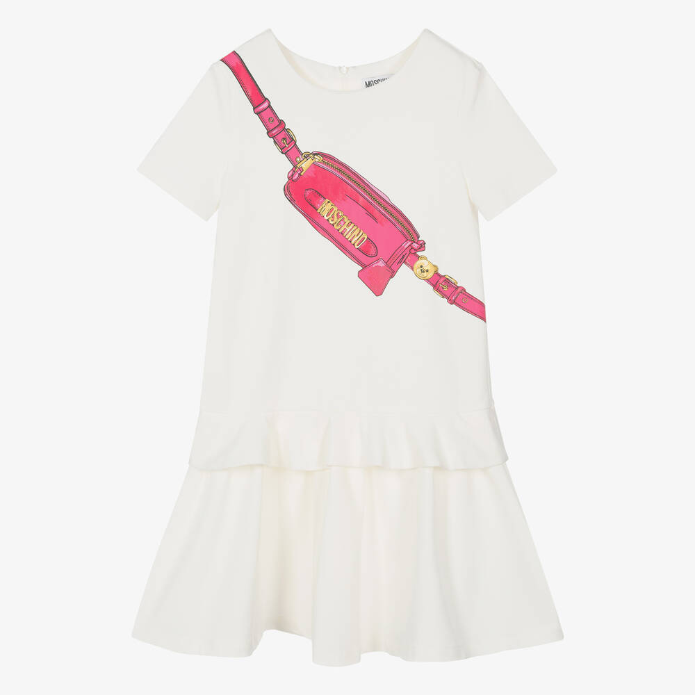 Moschino Kid-Teen - Кремовое платье с розовым принтом-сумкой | Childrensalon