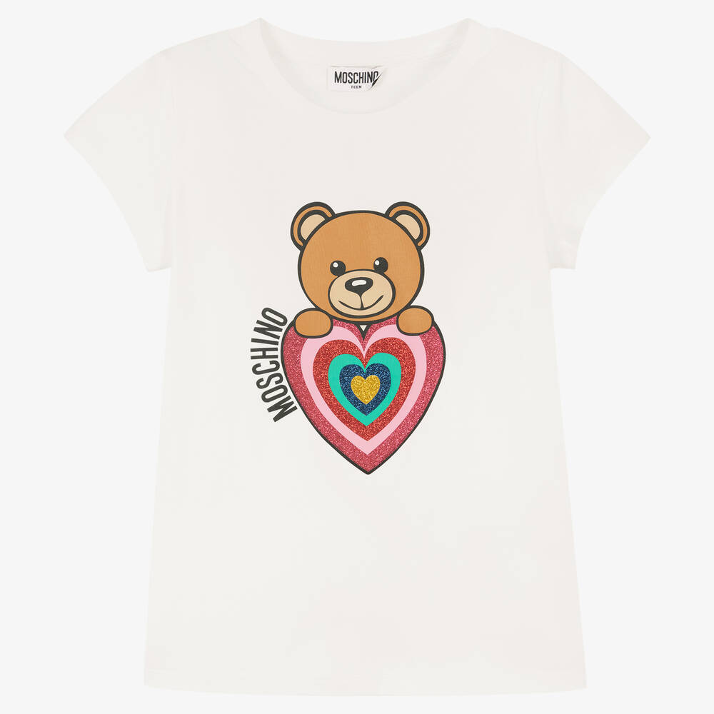 Moschino Kid-Teen - Elfenbeinfarbenes Teen T-Shirt mit Teddy-Motiv (M) | Childrensalon