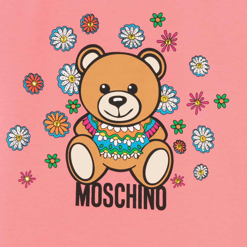 Moschino Кид-Тин-Розовая хлопковая футболка с медвежонком в цветах | Childrensalon Outlet