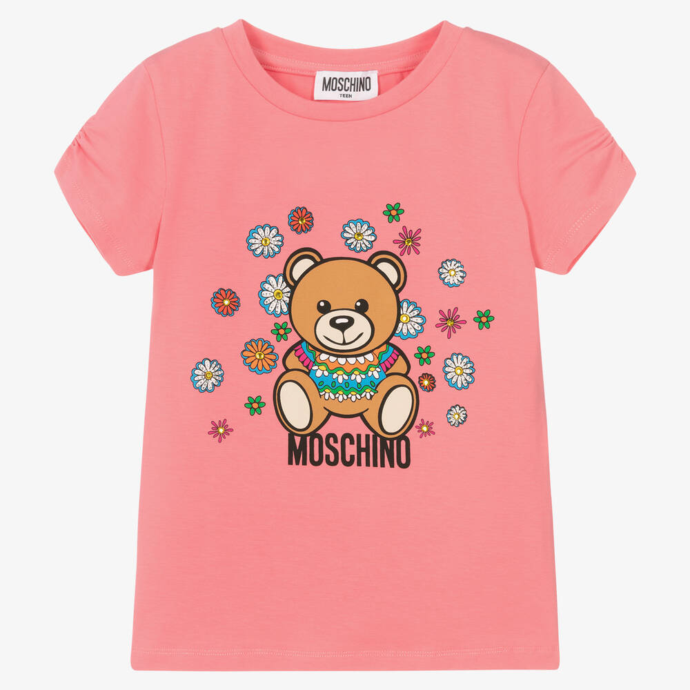 Moschino Kid-Teen - Розовая хлопковая футболка с медвежонком в цветах | Childrensalon