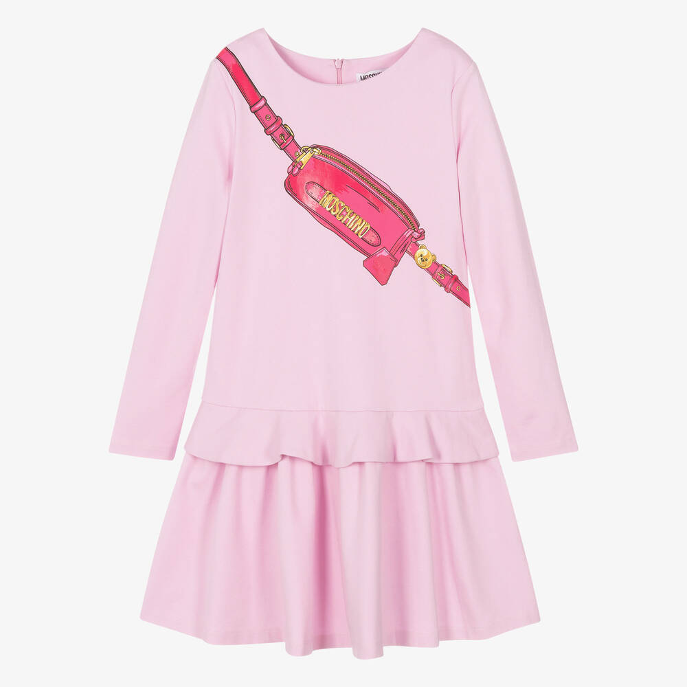 Moschino Kid-Teen - Розовое платье с золотистым принтом-сумкой | Childrensalon