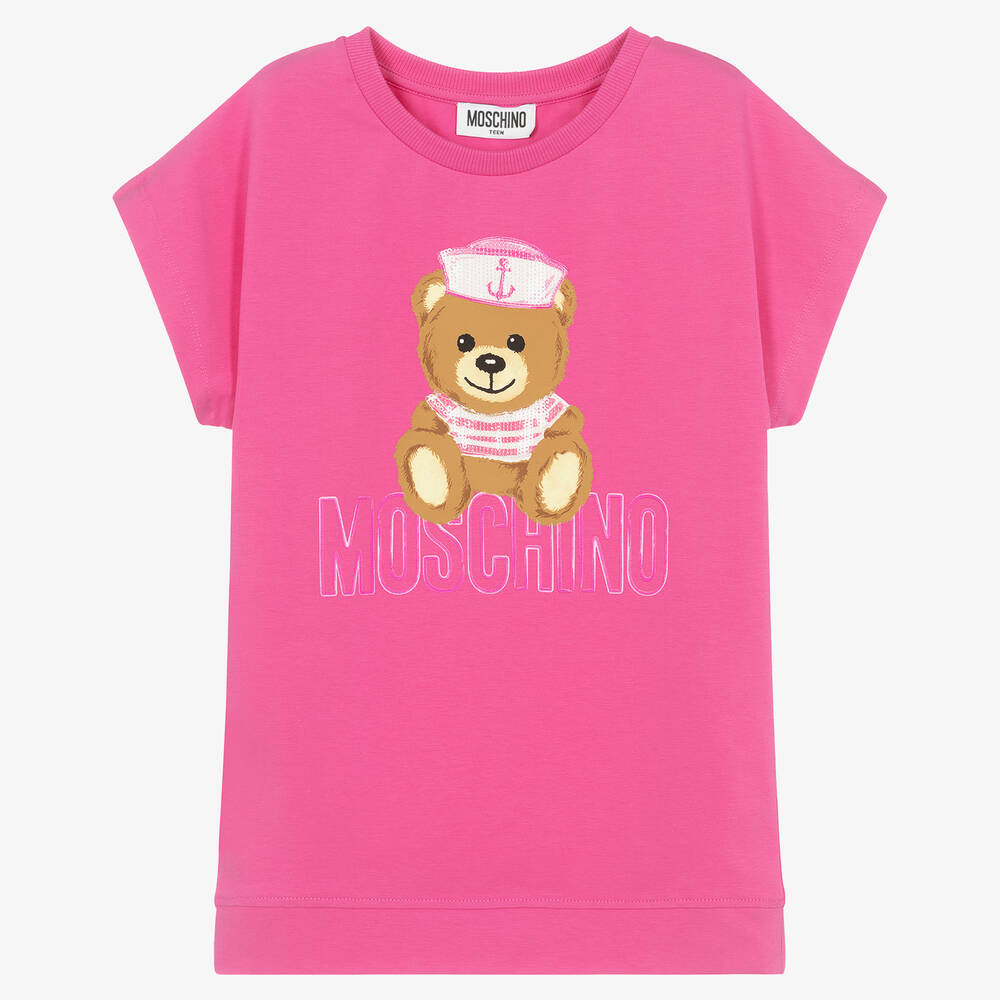 Moschino Kid-Teen - Розовая футболка макси с медвежонком и пайетками | Childrensalon