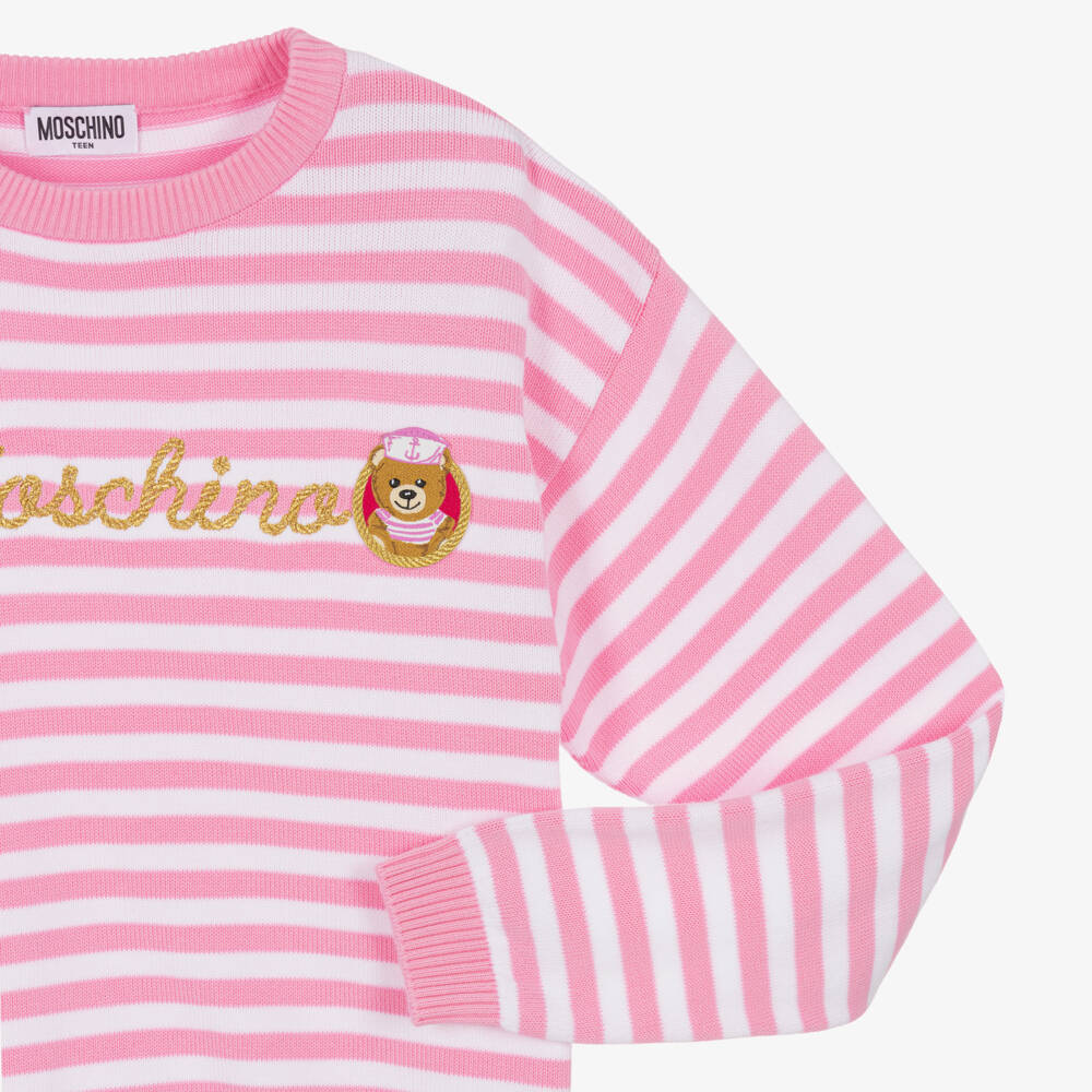 Moschino Kid-Teen-Teen Girls Pink Striped Logo Sweater | Childrensalon Outlet