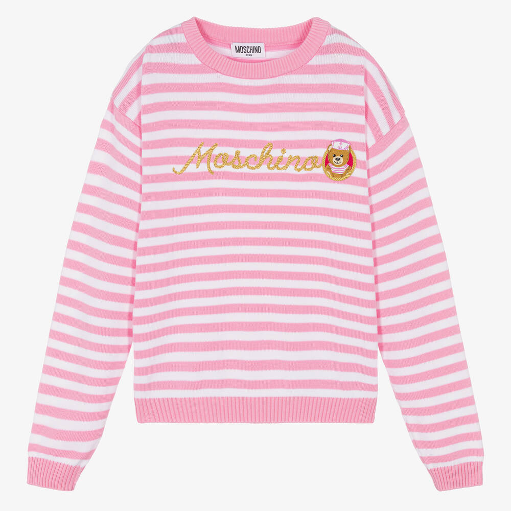 Moschino Kid Teen Teen Girls Pink Striped Logo Sweater