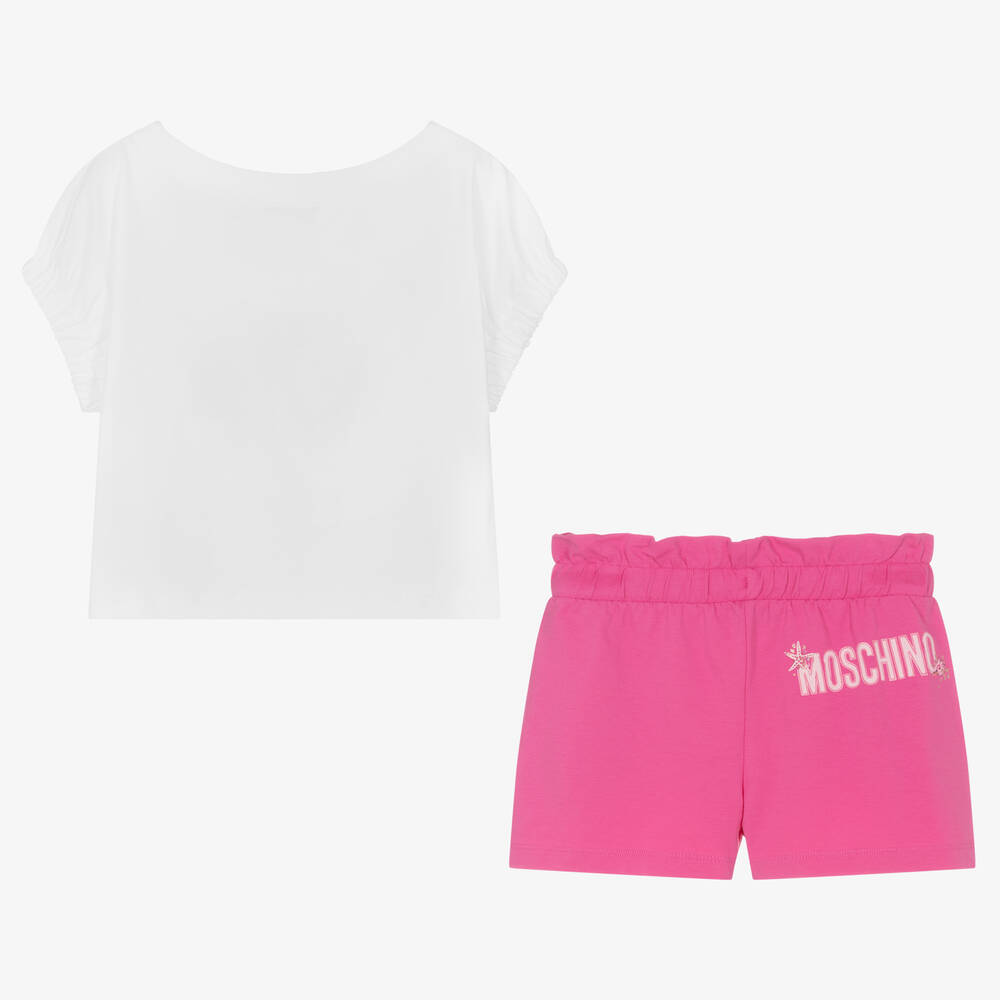 Moschino Kid-Teen-Teen Girls Pink & White Logo Shorts Set | Childrensalon Outlet