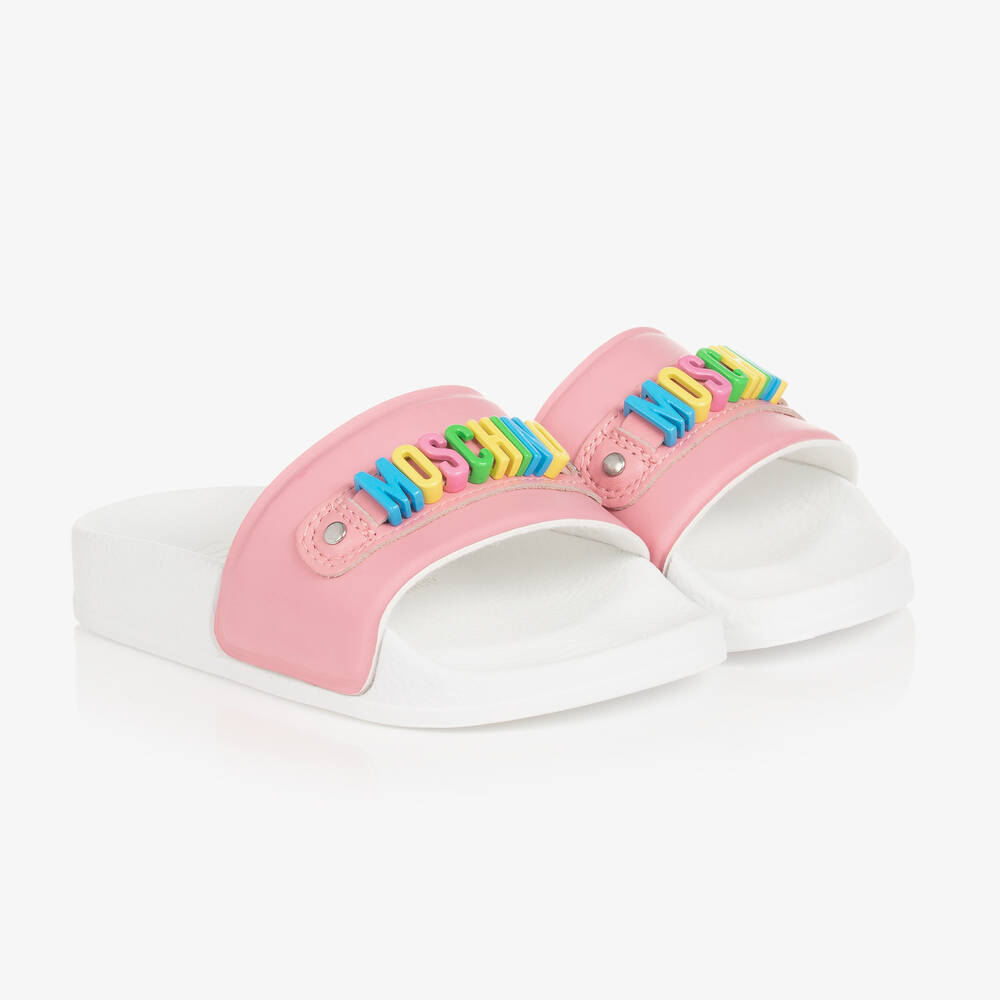 Moschino Kid-Teen - Teen Girls Pink & White Logo Sliders | Childrensalon