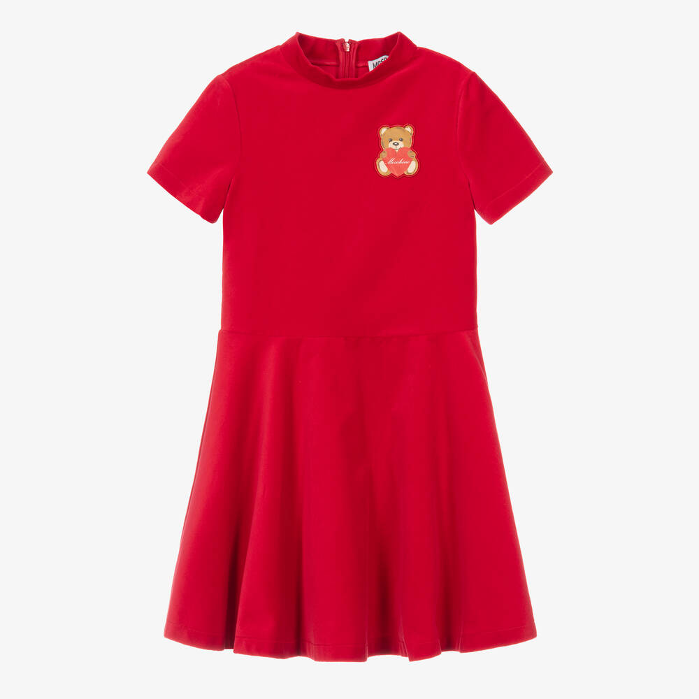Moschino Kid-Teen - Красное платье из хлопкового бархата с медвежонком | Childrensalon