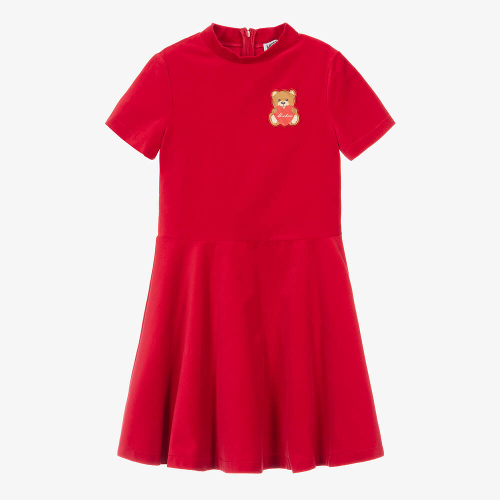 Moschino Kid-Teen-Teen Girls Red Cotton Velvet Bear Dress | Childrensalon Outlet