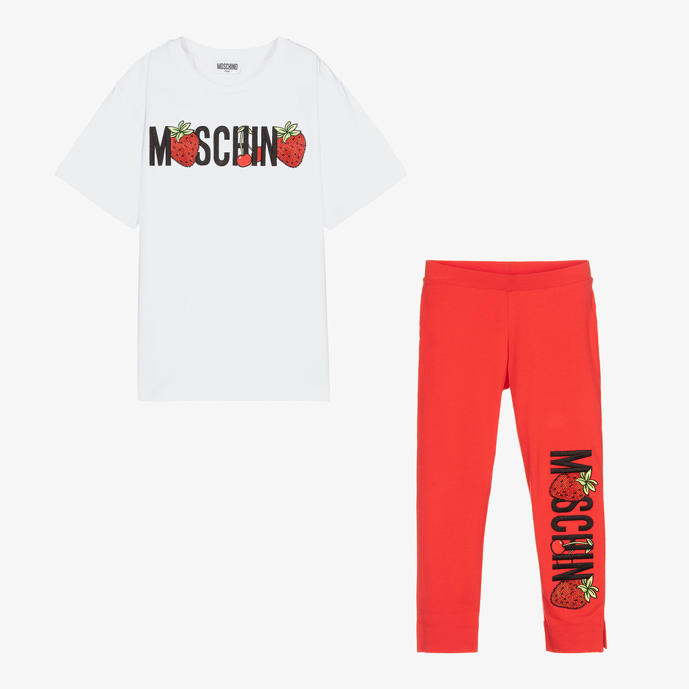 Moschino Kid-Teen - طقم ليغنغز تينز بناتي قطن لون أحمر وأبيض | Childrensalon