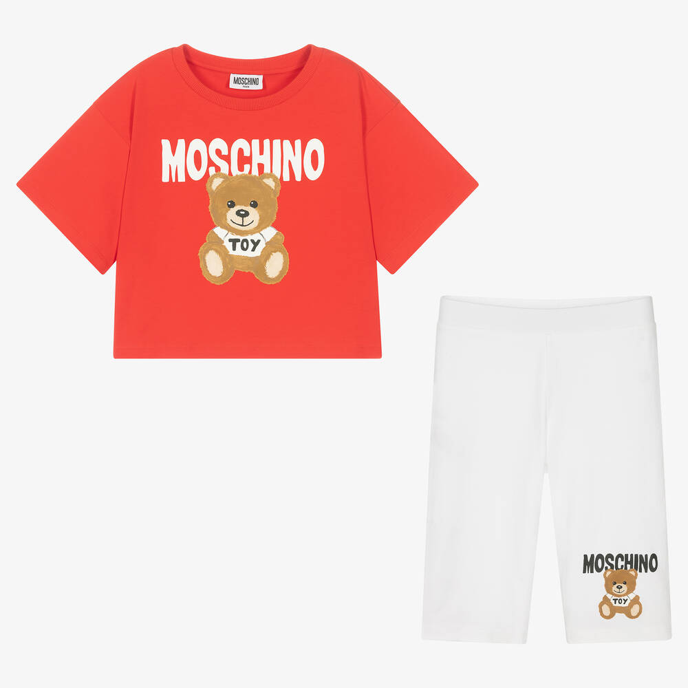 Moschino Kid-Teen - طقم شورت تينز بناتي قطن جيرسي لون أحمر وأبيض | Childrensalon