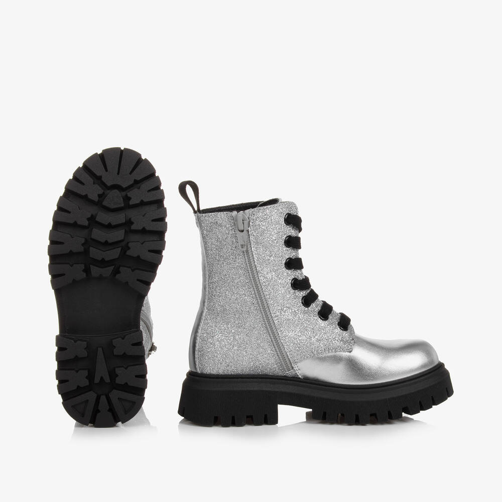 Moschino Kid-Teen-Teen Girls Silver Leather Sparkle Boots | Childrensalon Outlet