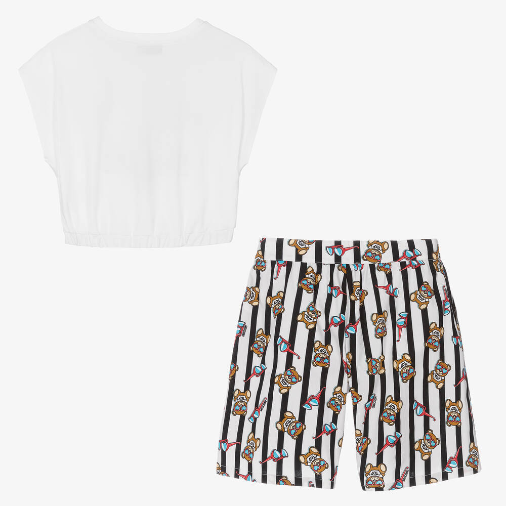 Moschino Kid-Teen-Teen Girls White Bear Stripe Shorts Set | Childrensalon Outlet