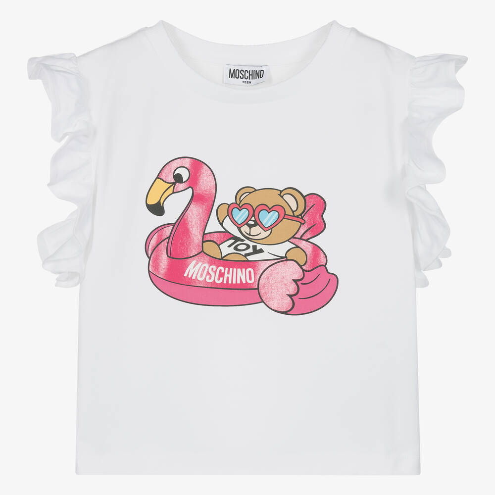 Moschino Kid-Teen-تيشيرت بطبعة فلامينجو قطن لون أبيض للمراهقات | Childrensalon Outlet