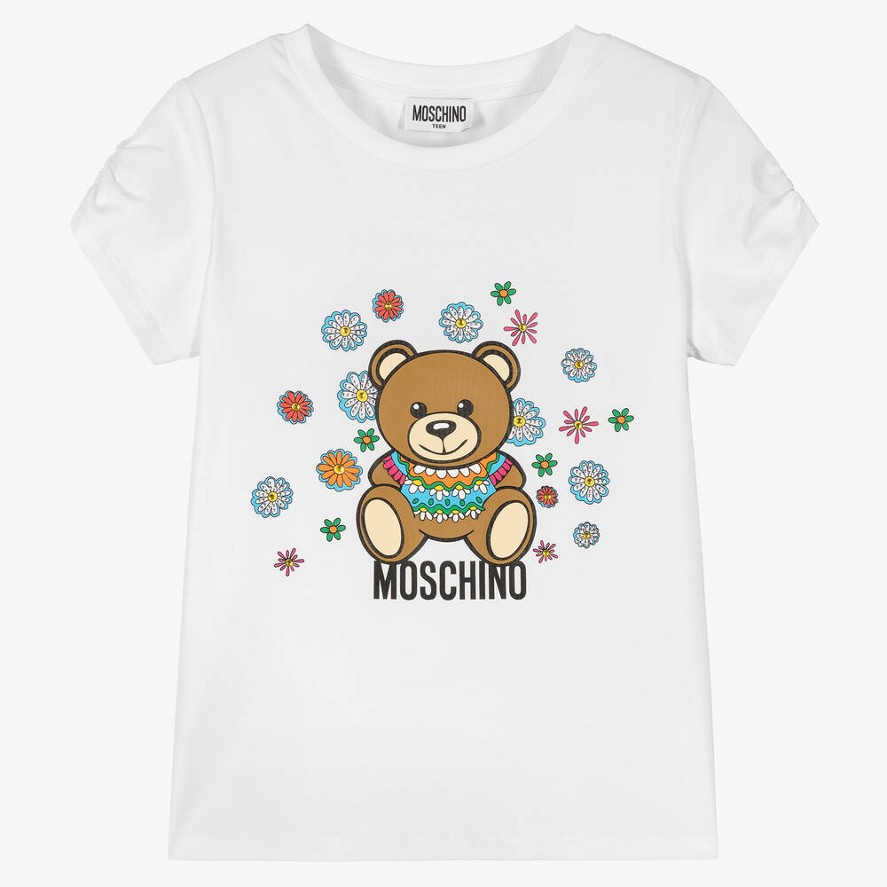 Moschino Kid-Teen - Белая хлопковая футболка с цветочным логотипом | Childrensalon