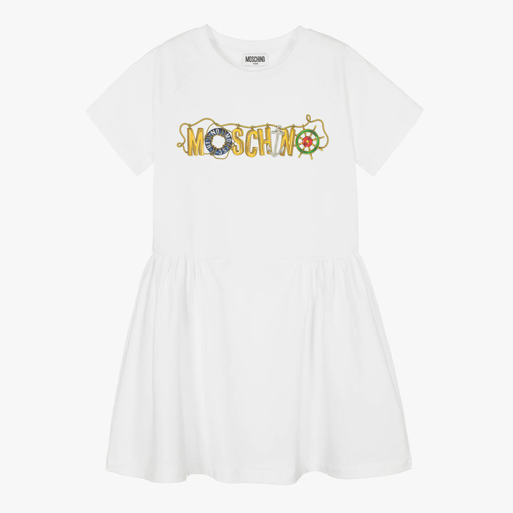 Moschino Kid-Teen - Белое хлопковое платье для девочек | Childrensalon