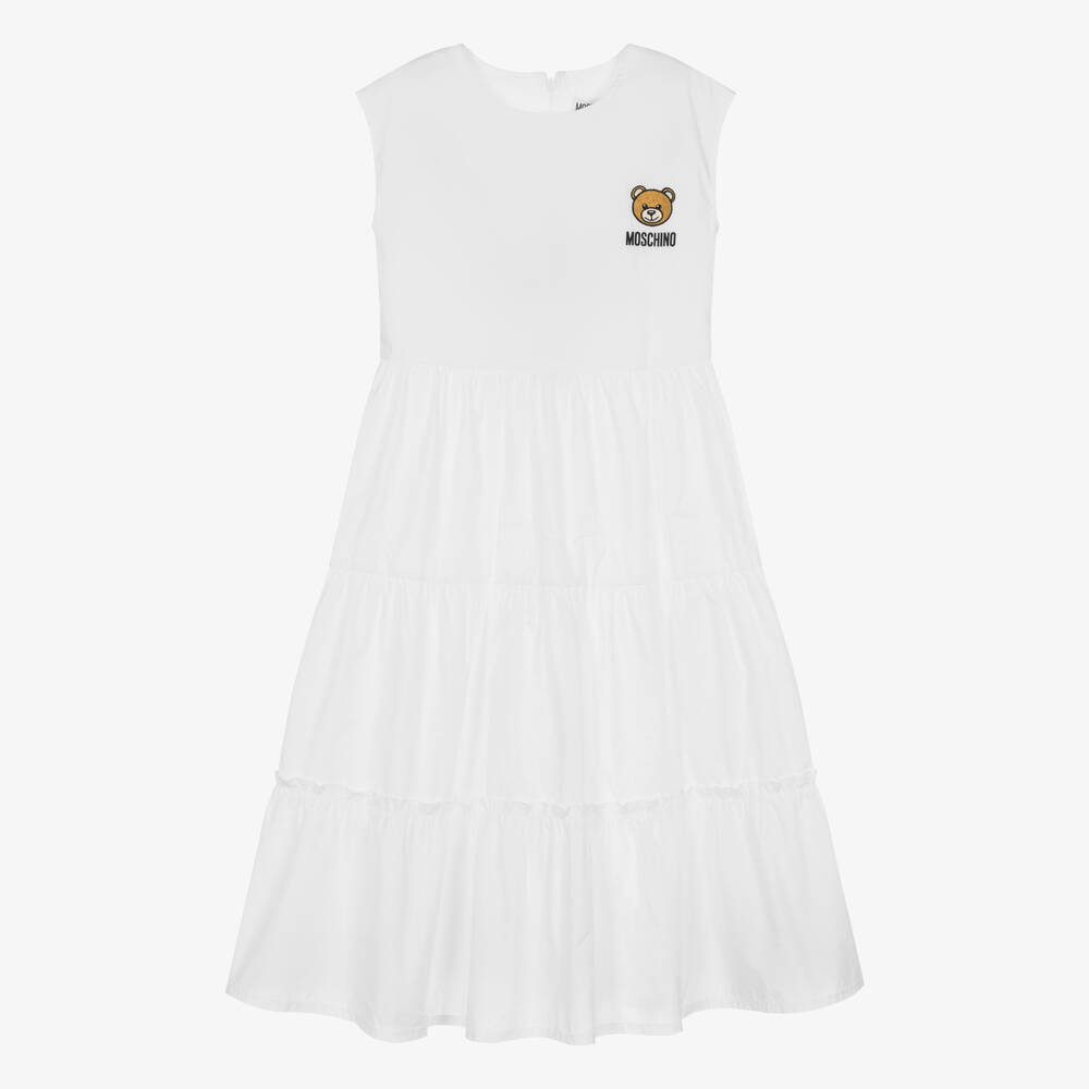 Moschino Kid Teen Teen Girls White Cotton Midi Dress Childrensalon Outlet
