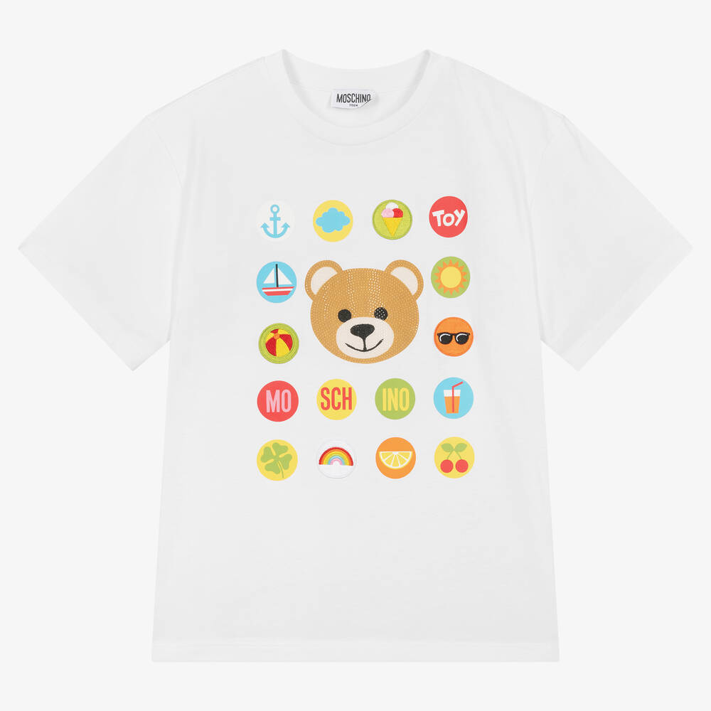 Moschino Kid-Teen - Белая футболка с медвежонком из кристаллов | Childrensalon