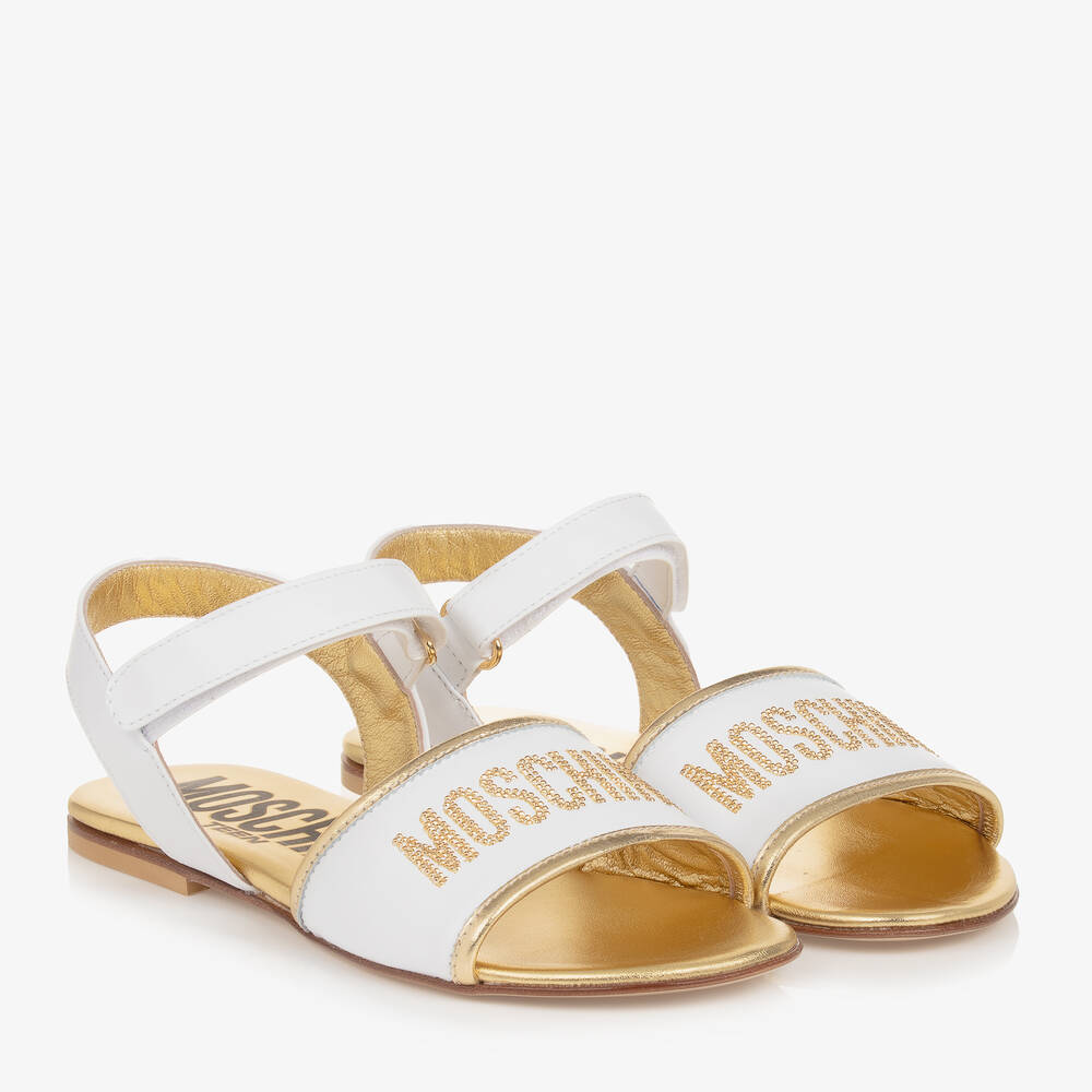 Moschino Kid-Teen-Teen Girls White & Gold Leather Sandals | Childrensalon Outlet
