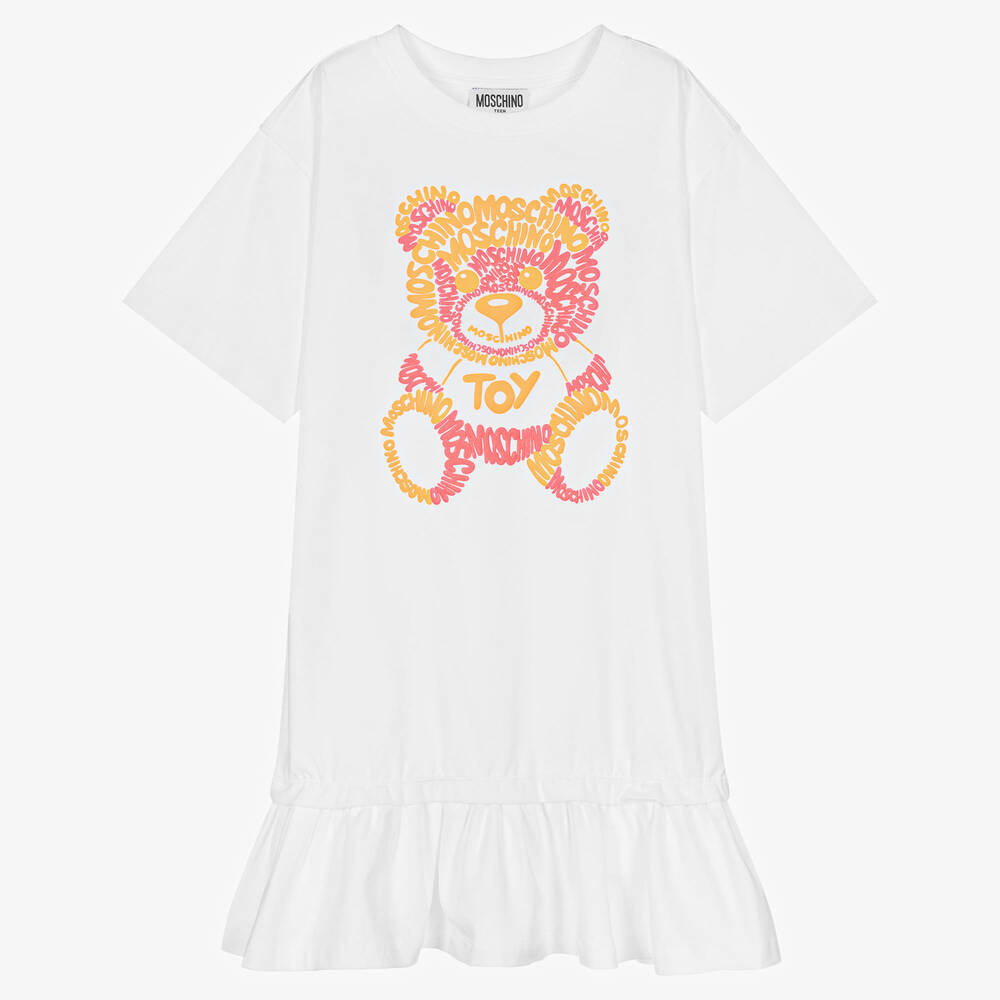 Moschino Kid-Teen - فستان تينز بناتي قطن جيرسي لون أبيض وزهري نيون | Childrensalon