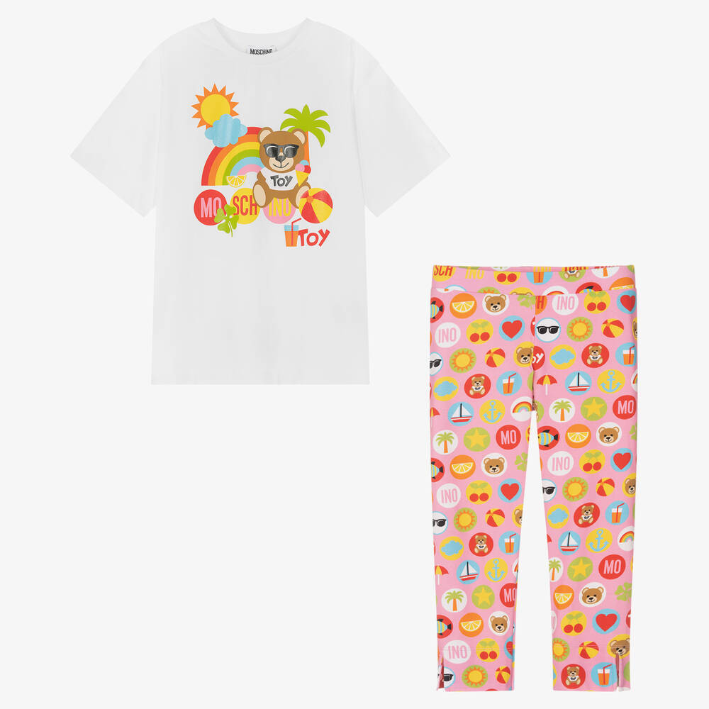 Moschino Kid-Teen - Teen Leggings-Set in Weiß und Rosa | Childrensalon