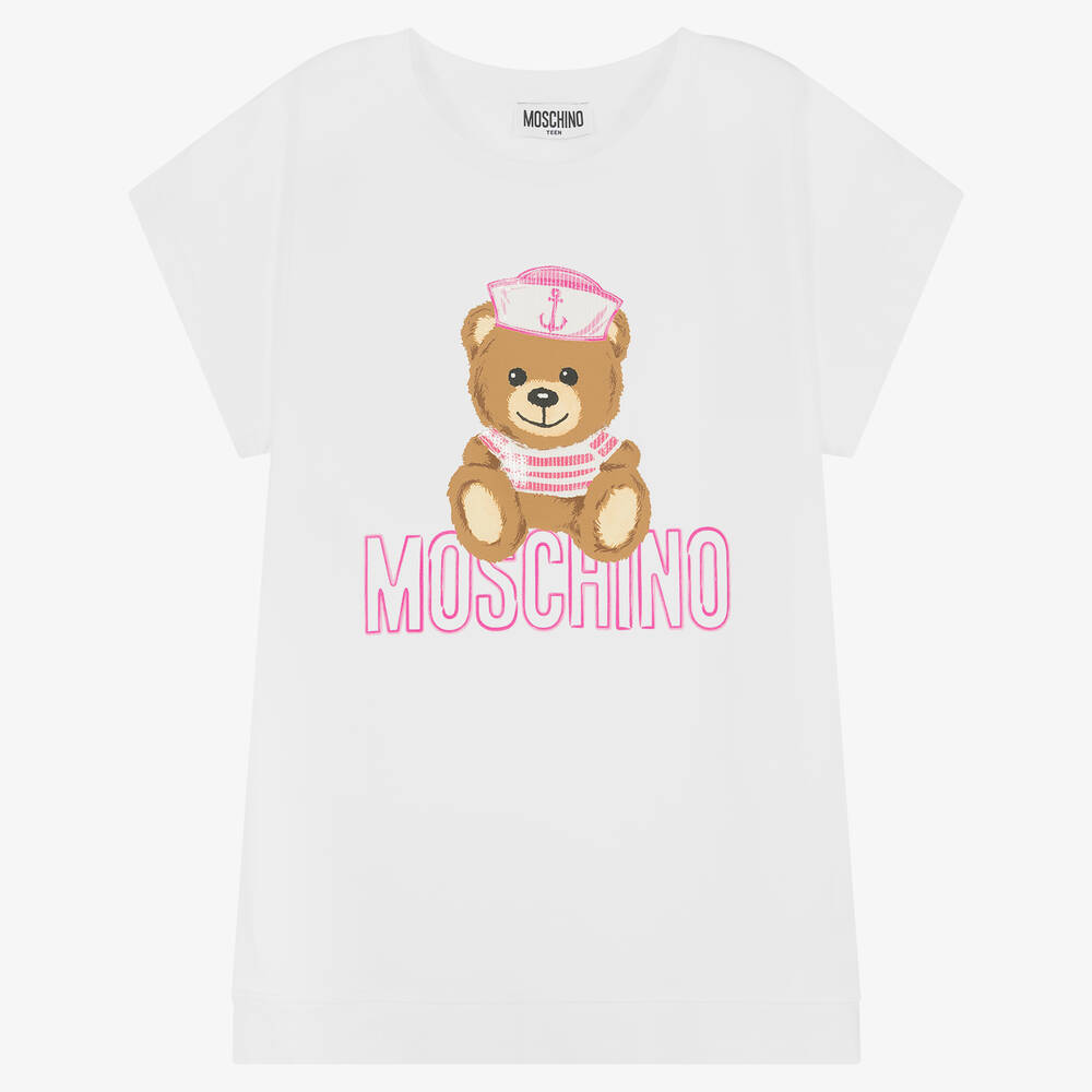 Moschino Kid-Teen - Белая футболка макси с медвежонком из пайеток | Childrensalon