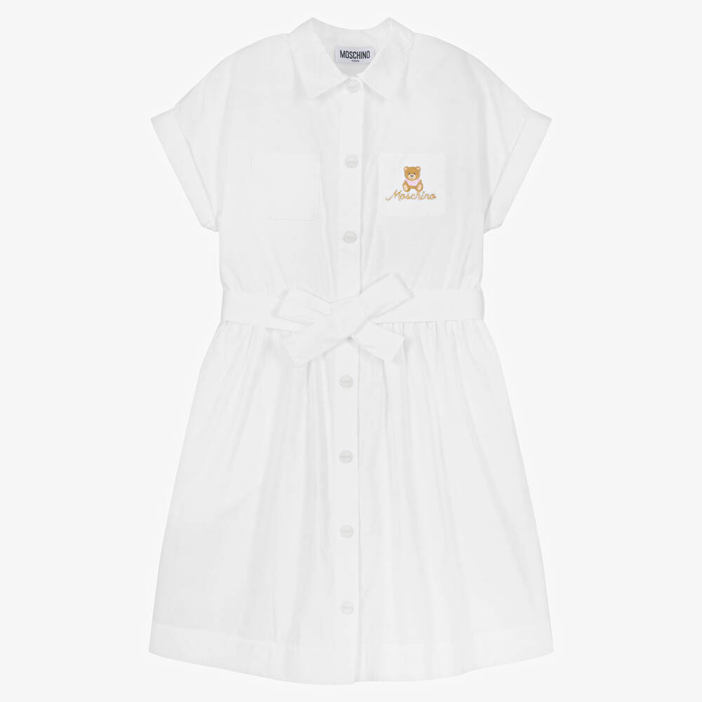 Moschino Kid-Teen - Teen Girls White Teddy Logo Shirt Dress | Childrensalon