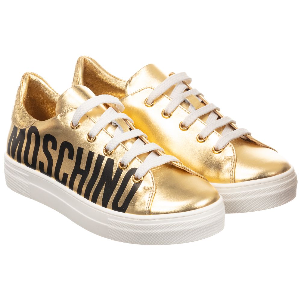 Moschino Kid-Teen - Teen Gold Logo Trainers | Childrensalon