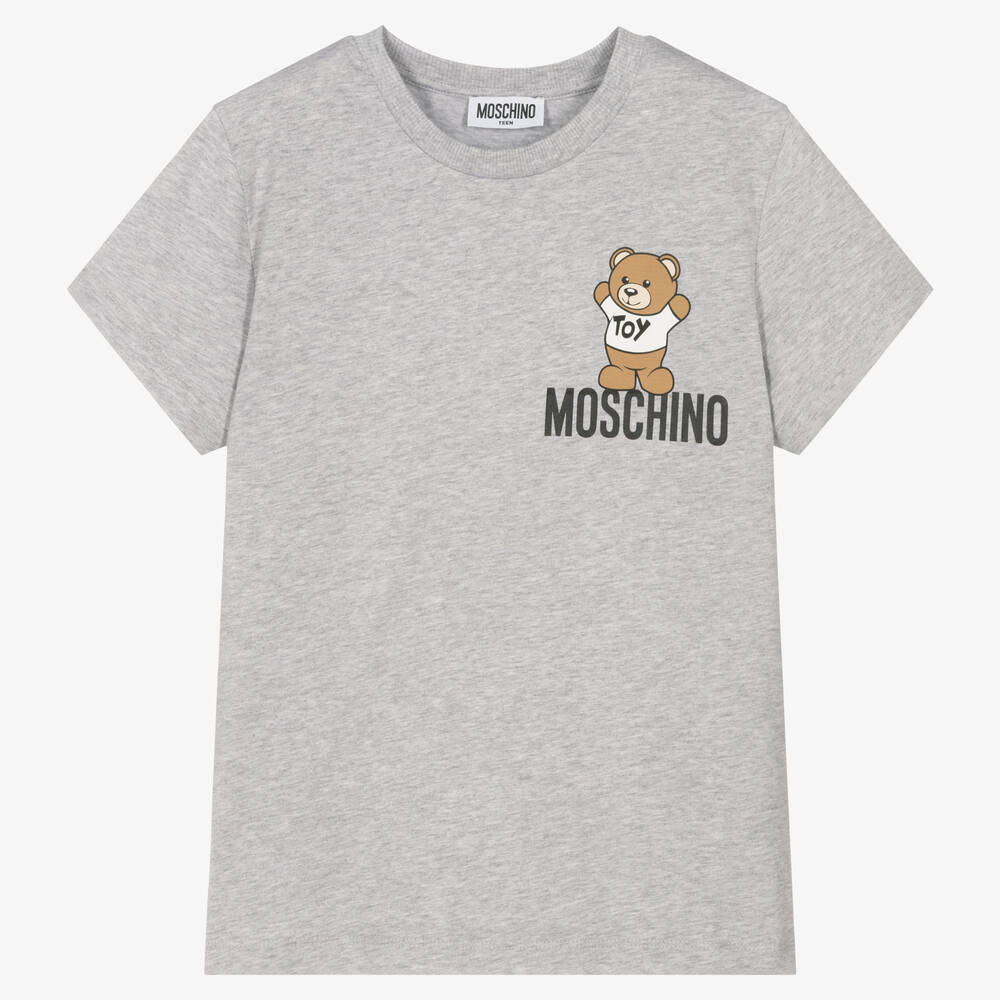 Moschino Kid-Teen - Серая футболка из меланжевого хлопка с медвежонком | Childrensalon