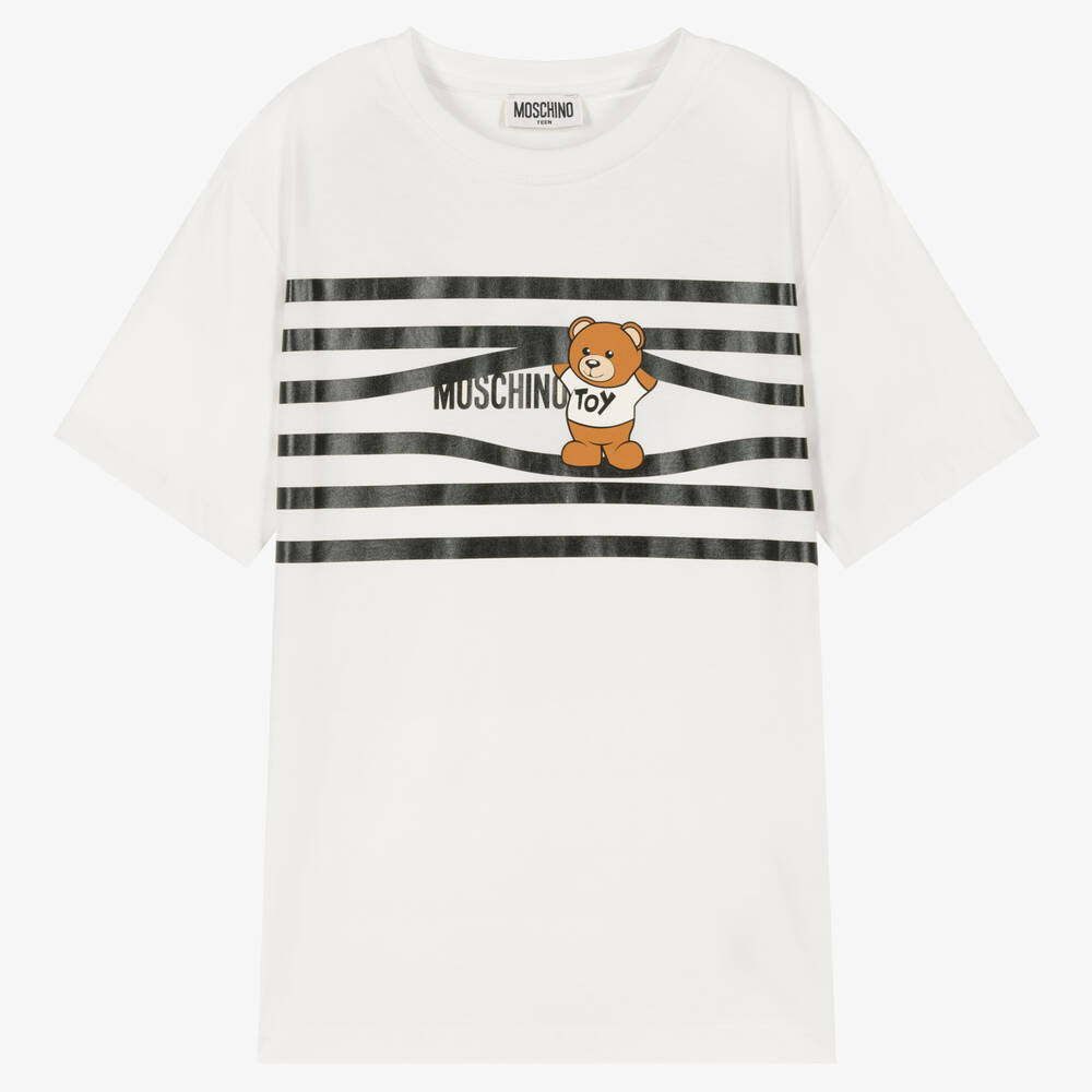 Moschino Kid-Teen - Elfenbeinfarbenes Teen T-Shirt mit Teddy- und Streifen-Motiv | Childrensalon