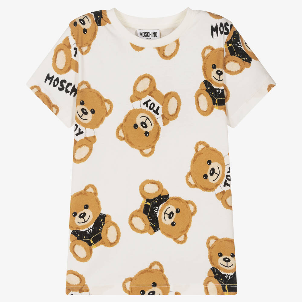 Moschino Kid-Teen - Elfenbeinfarbenes Teen T-Shirt mit Teddy-Motiv | Childrensalon