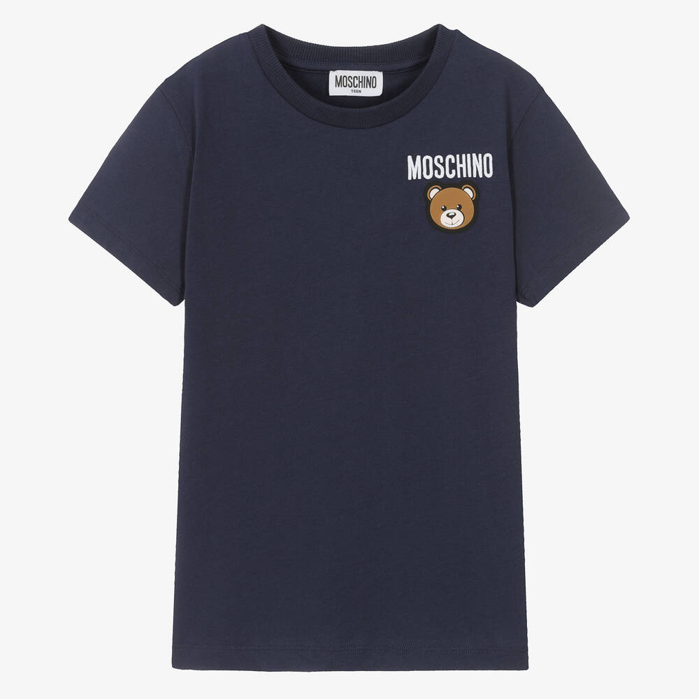 【送料無料（一部地域を除く）】 Moschino Kid-Teen - Teen Navy Blue Cotton Bear Patch T-Shirt トップス