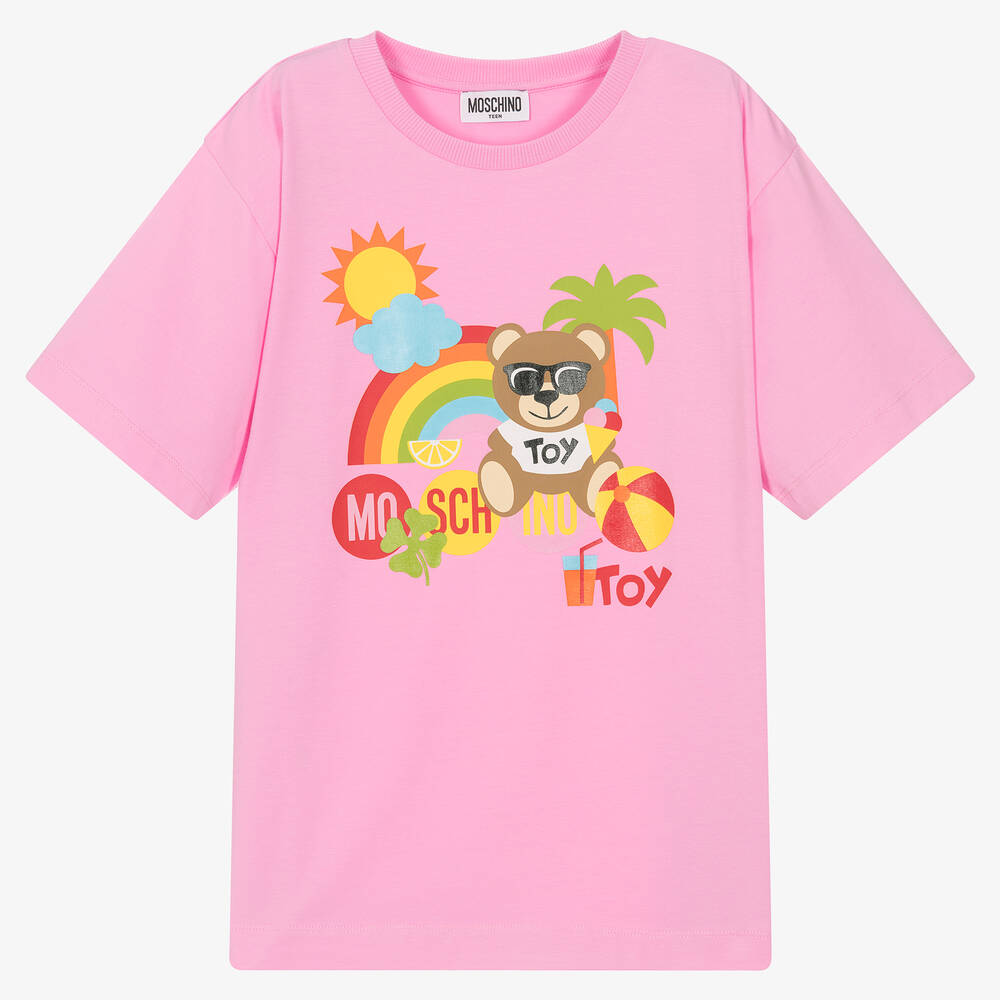 Moschino Kid-Teen - Розовая хлопковая футболка с медвежонком | Childrensalon