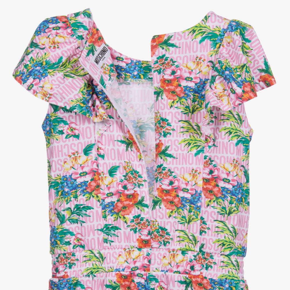 Moschino Kid-Teen-Teen Pink Floral Logo Playsuit | Childrensalon Outlet
