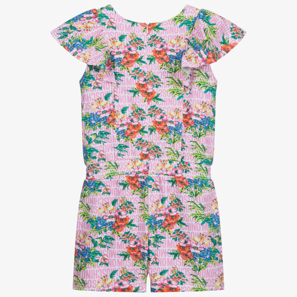Moschino Kid-Teen-Teen Pink Floral Logo Playsuit | Childrensalon Outlet