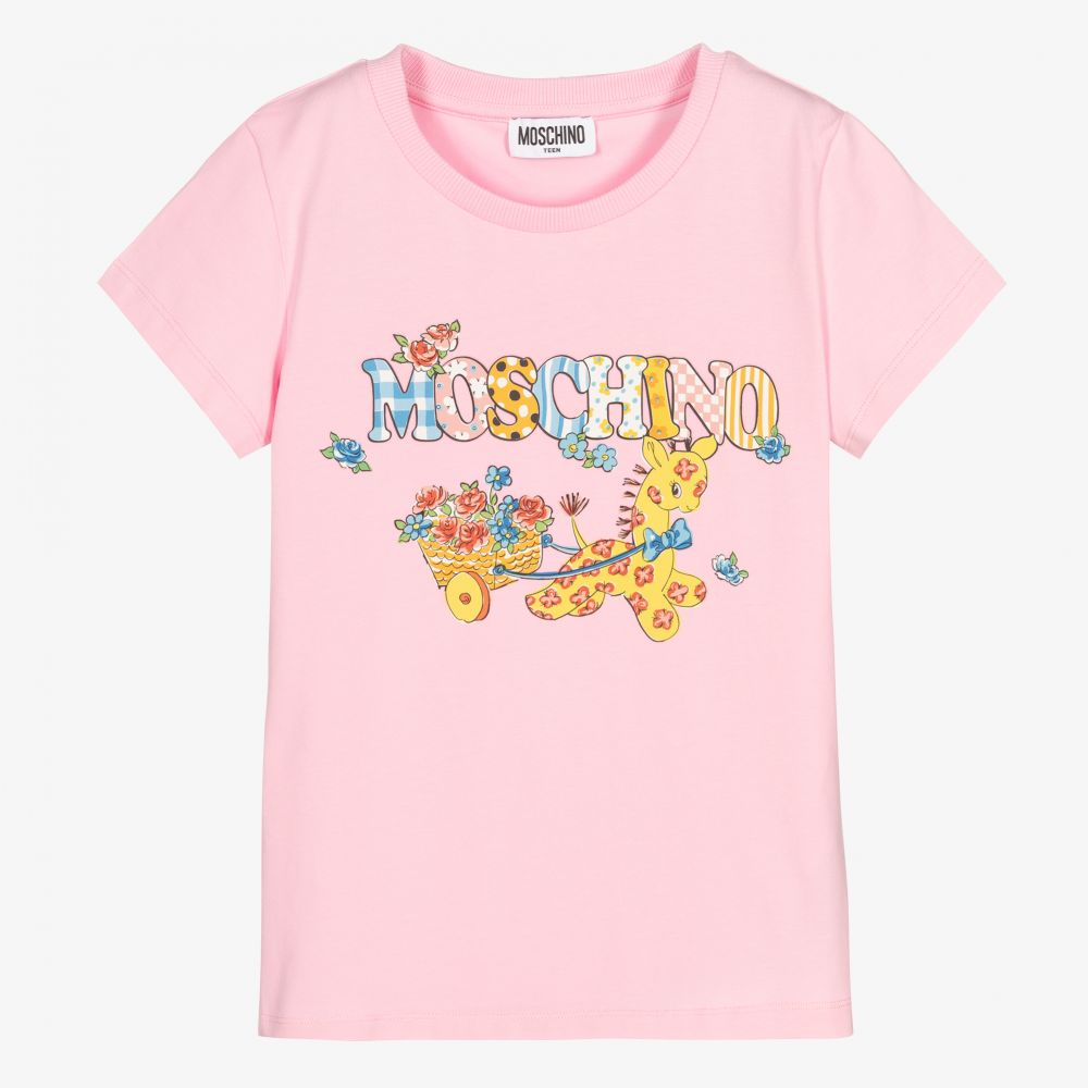 Moschino Kid-Teen - تيشيرت تينز بناتي قطن جيرسي لون زهري بطبعة ورود | Childrensalon