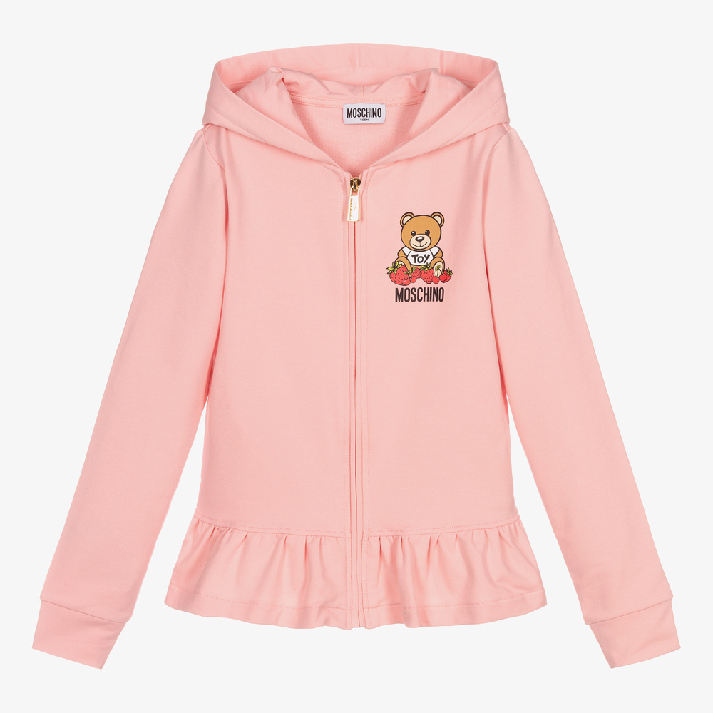 Moschino Kid Teen Teen Pink Logo Zip Up Hoodie Childrensalon