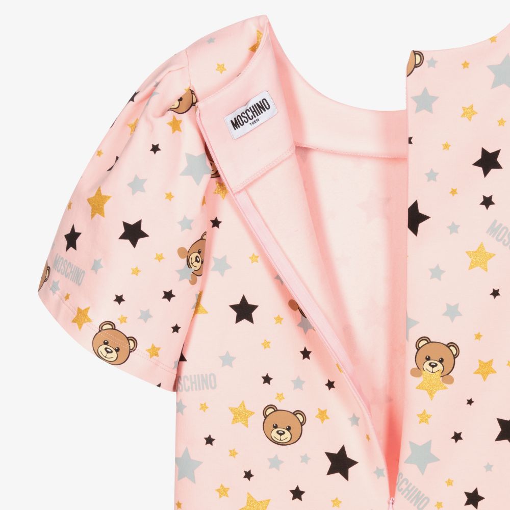 Moschino Кид-Тин-Розовое платье с медвежатами и звездами для подростков | Childrensalon Outlet
