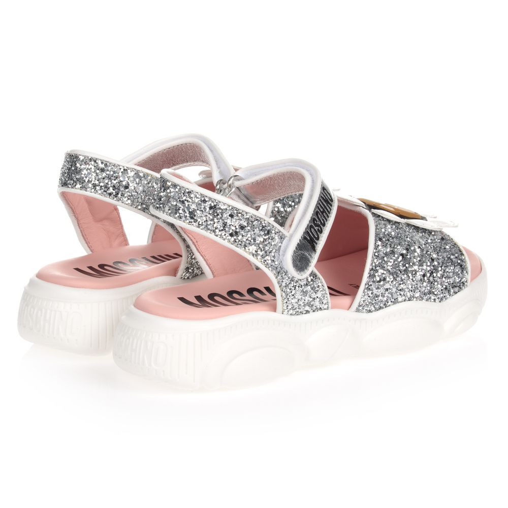 Moschino Kid-Teen-صندل تينز بناتي جلد غليتر لون فضّي و أبيض | Childrensalon Outlet