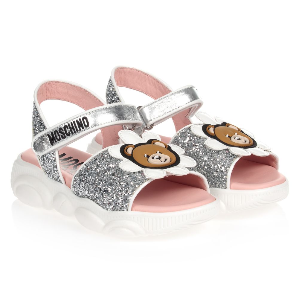 Moschino Kid-Teen - Серебристые сандалии с логотипом для подростков | Childrensalon