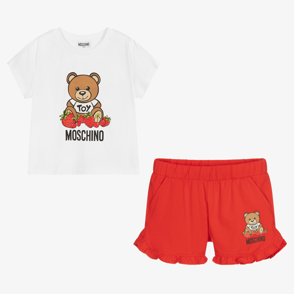 Moschino Kid-Teen - طقم شورت تينز بناتي قطن جيرسي لون أبيض وأحمر | Childrensalon