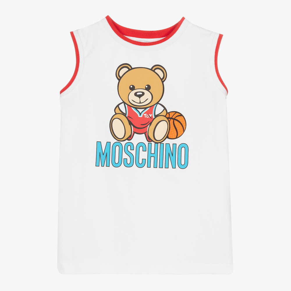 Moschino Kid-Teen - Белая майка с медвежонком-баскетболистом для подростков | Childrensalon