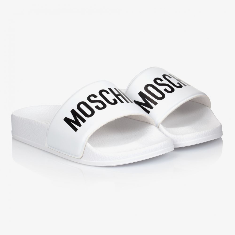 Moschino Kid-Teen - Белые-черные шлепанцы для подростков | Childrensalon