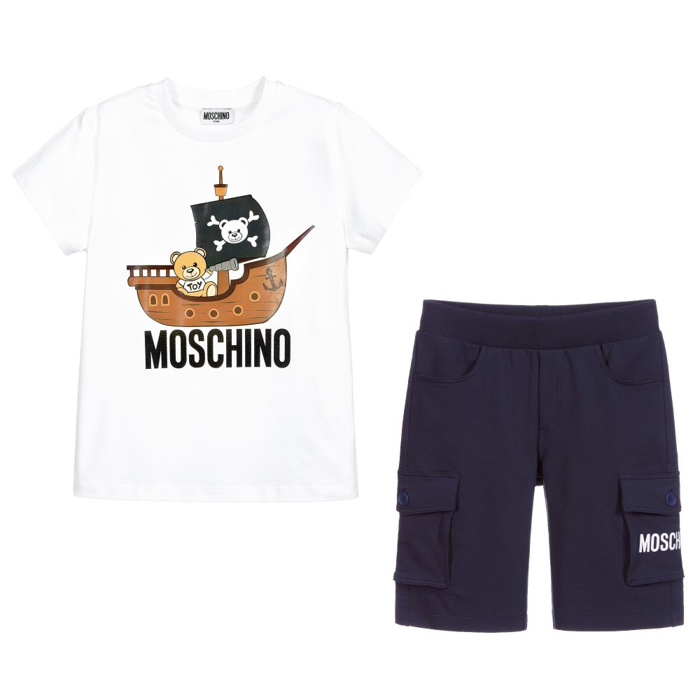 Moschino Kid-Teen - طقم شورت قطن جيرسي لون  أبيض و كحلي  | Childrensalon