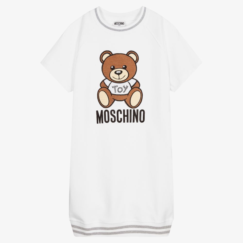 Moschino Kid-Teen - فستان تينز بناتي قطن بيكيه لون أبيض | Childrensalon