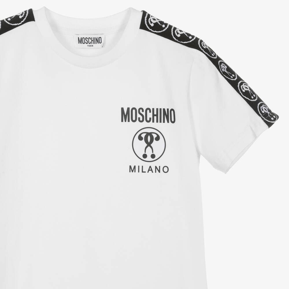 Moschino Кид-Тин-Белая хлопковая футболка с логотипной лентой | Childrensalon Outlet