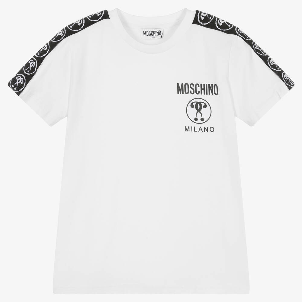 Moschino Kid-Teen - Белая хлопковая футболка с логотипной лентой | Childrensalon