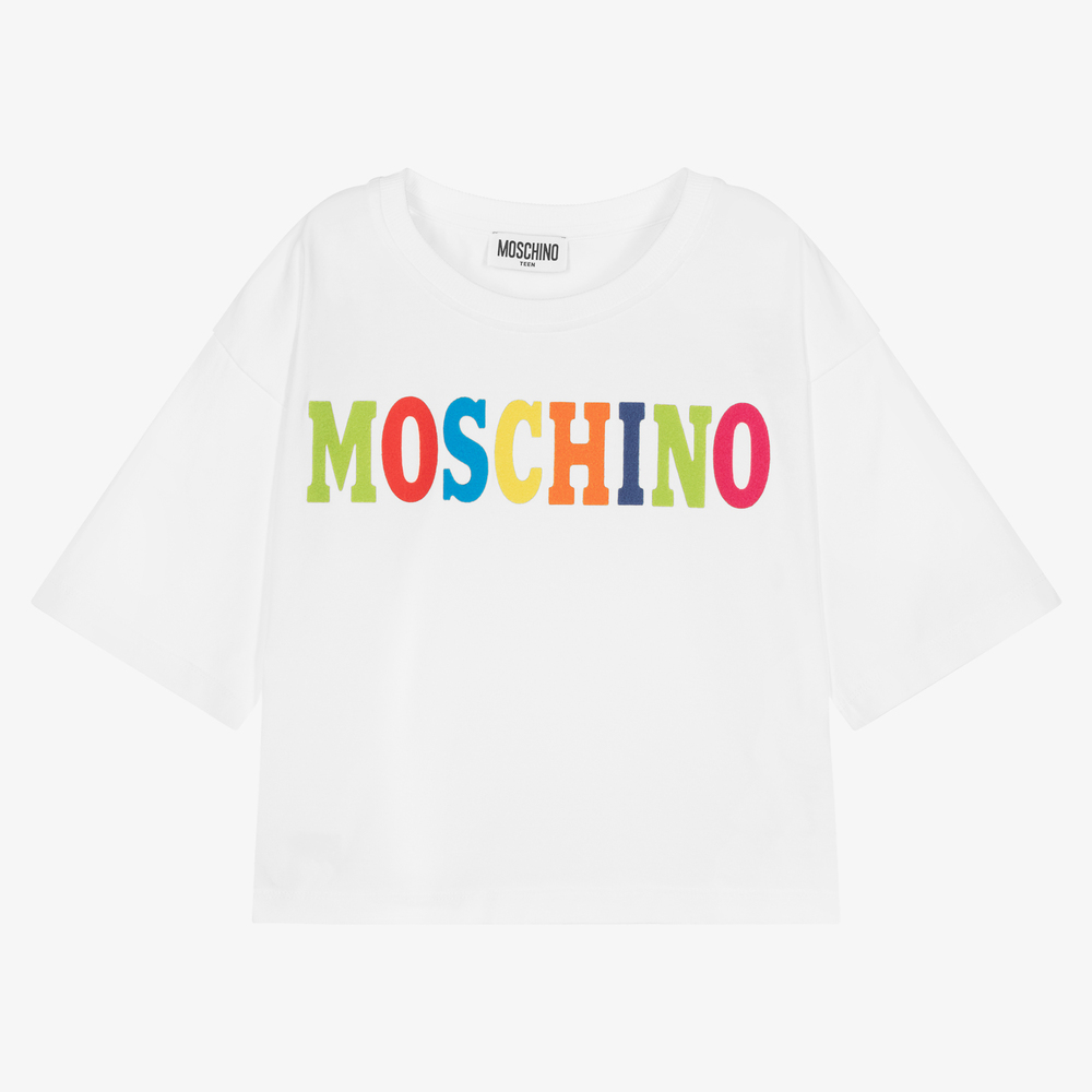 Moschino Kid-Teen - Белая укороченная футболка для подростков | Childrensalon