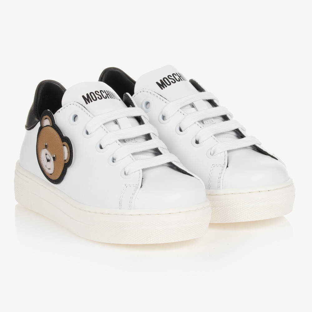 Moschino Kid-Teen - Weiße Teen Leder-Sneakers mit Teddy | Childrensalon